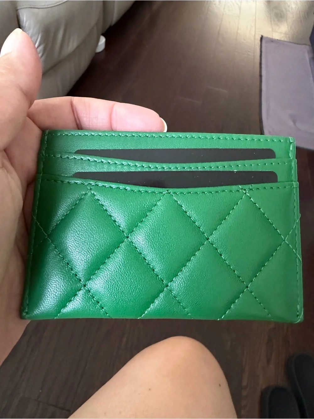CHANEL Green Quilted Card Holder with silver hardware brand new